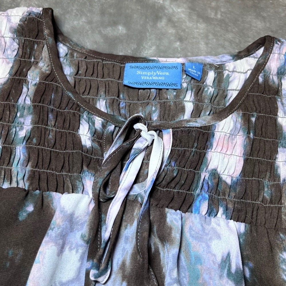 Simply Vera Vera Wang Womens Size Large Tie Neck Top Smocked Sleeveless Tie Dye - Picture 7 of 16